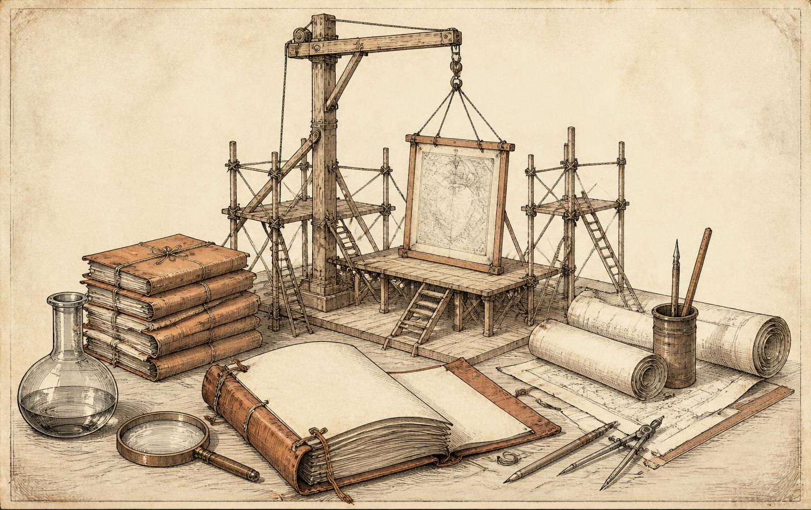 Mesa de trabajo del Instituto con andamios, archivos y herramientas de dibujo