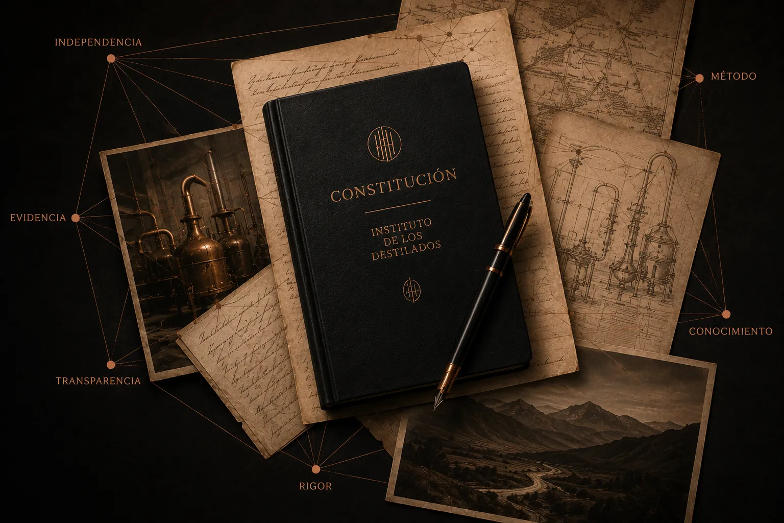 Libro negro de la Constitución del Instituto sobre documentos manuscritos, mapas, fotografías de alambiques y esquemas técnicos, conectados por nodos y líneas de cobre