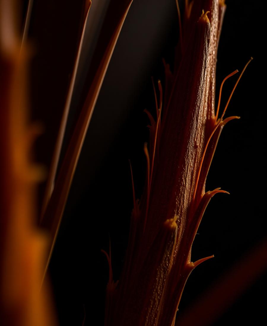Fibras vegetales iluminadas en penumbra cálida