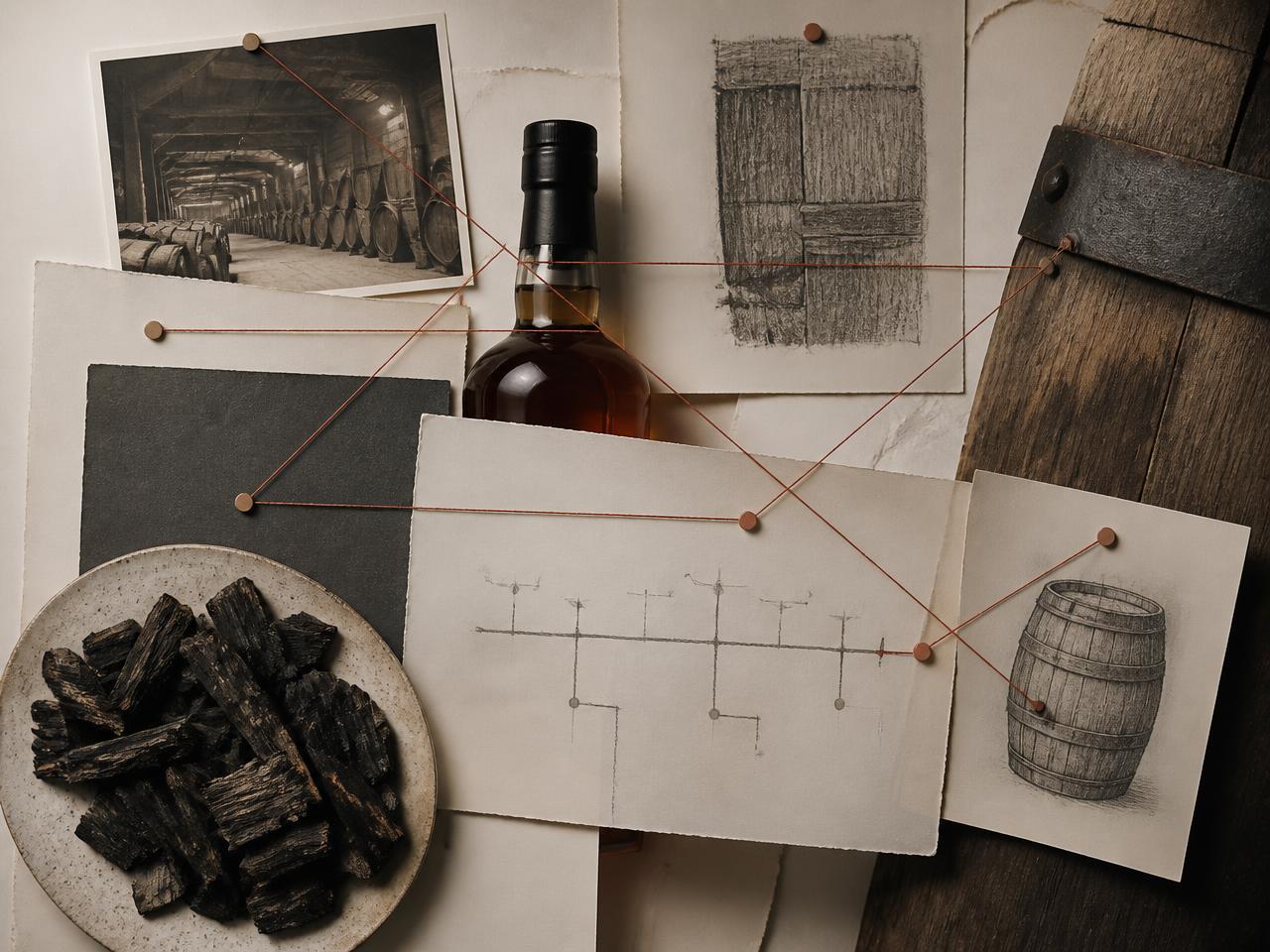 Composición de archivo: botella de whisky entre documentos, duela de roble, astillas carbonizadas y una línea temporal anotada, conectadas por nodos terracota