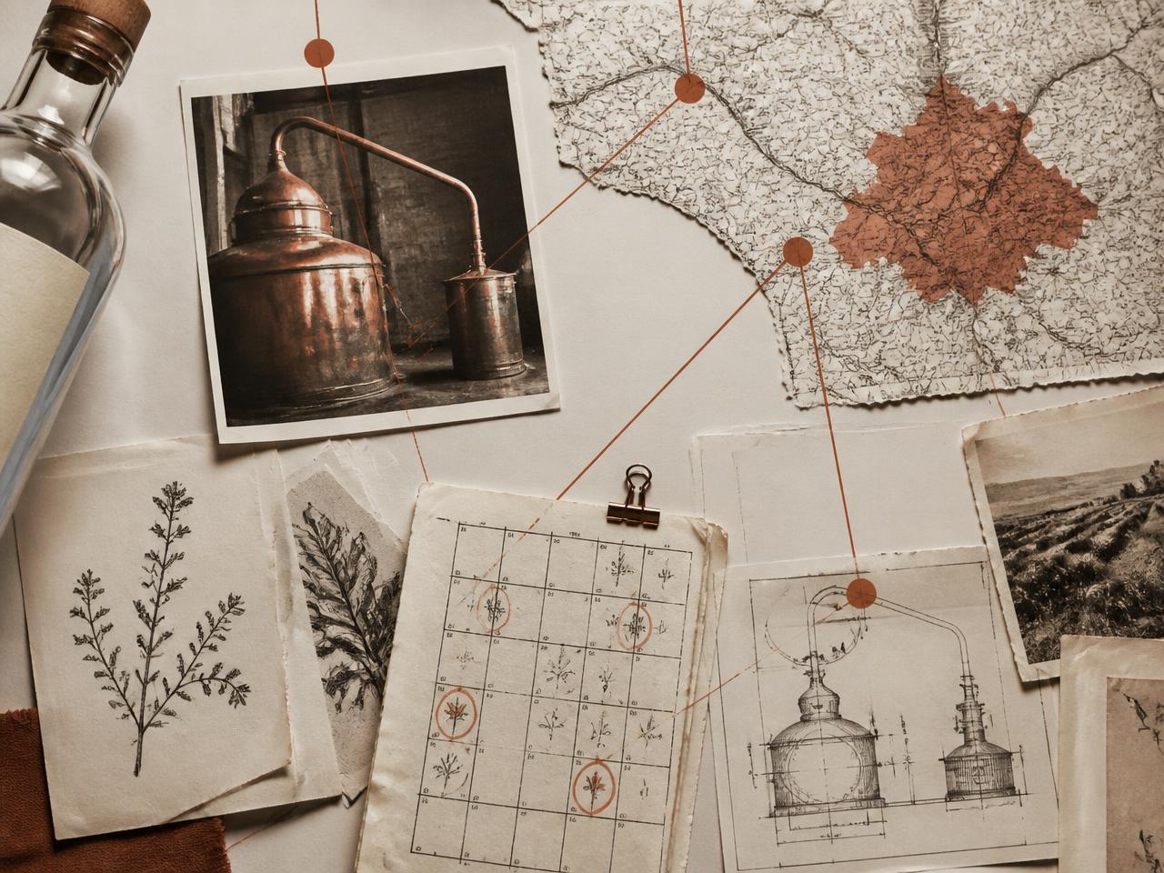 Composición de archivo: alambique de cobre, mapa regional francés, calendario de destilación anotado y documentos técnicos unidos por líneas terracota