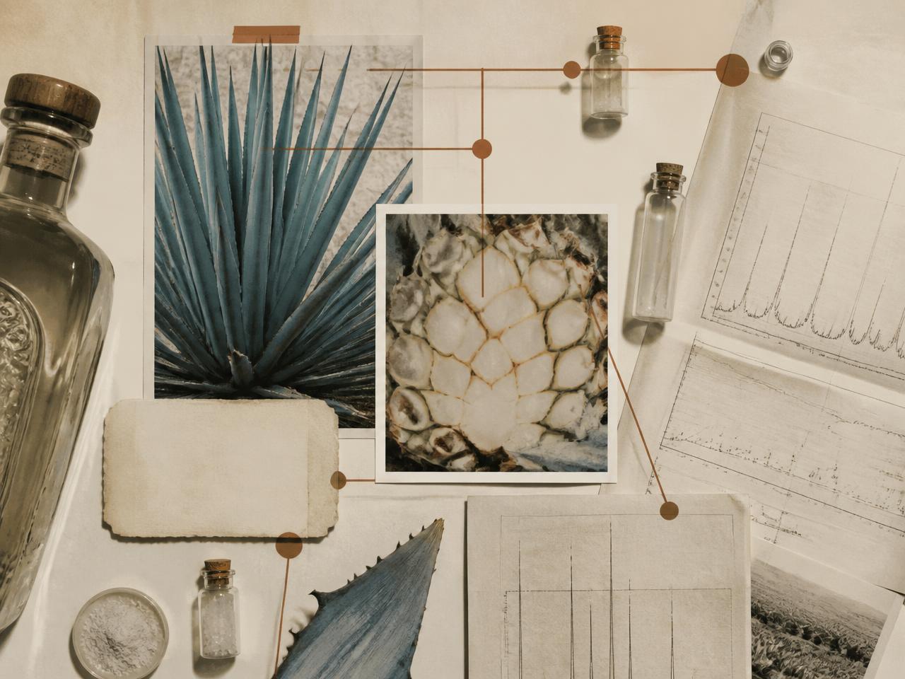 Composición de archivo: botella de tequila recortada, hojas y piña de agave azul, etiqueta en blanco y hojas de datos analíticos con nodos terracota