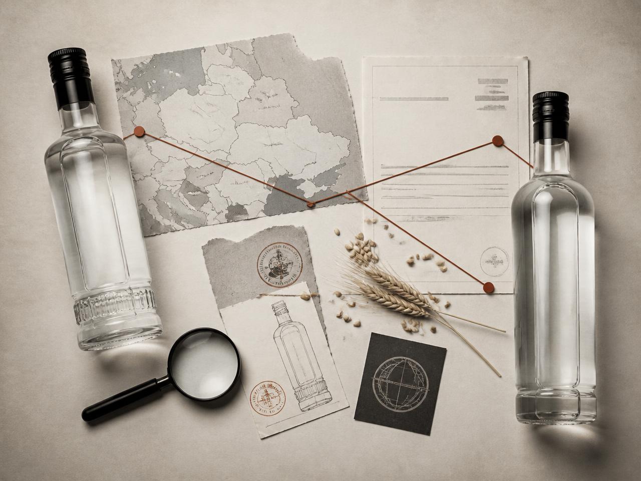 Composición de archivo: dos botellas de vodka separadas, mapa de Europa del Este, documentos sellados y dos líneas terracota que divergen