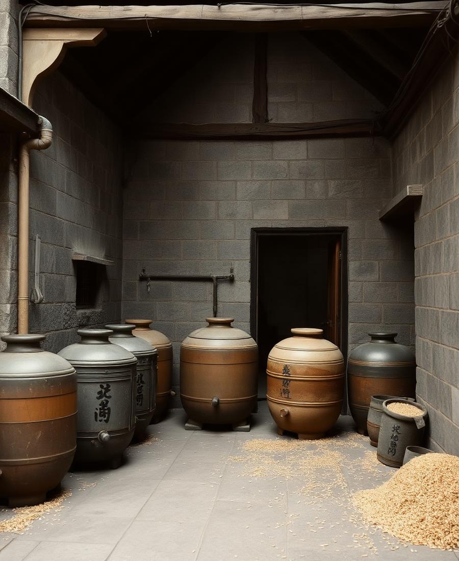 Tinajas de fermentación de cerámica en un patio de destilería asiática