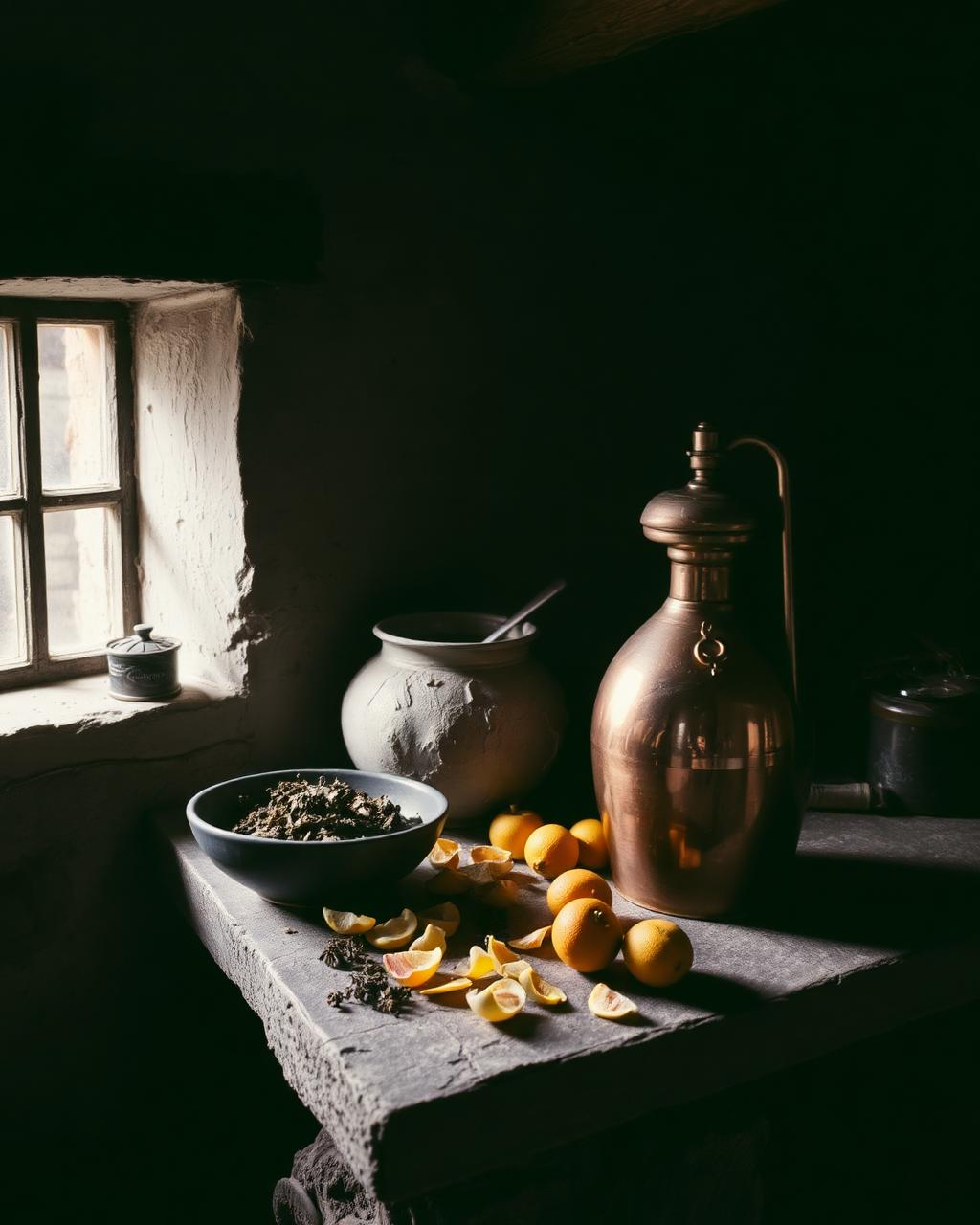 Alambique pequeño con granos, frutas y hierbas sobre banco de piedra