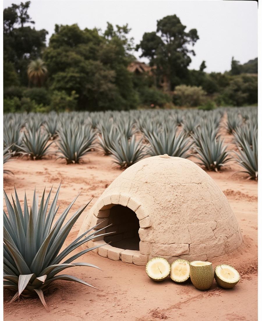 Plantación de agave con horno de tierra y piñas cortadas