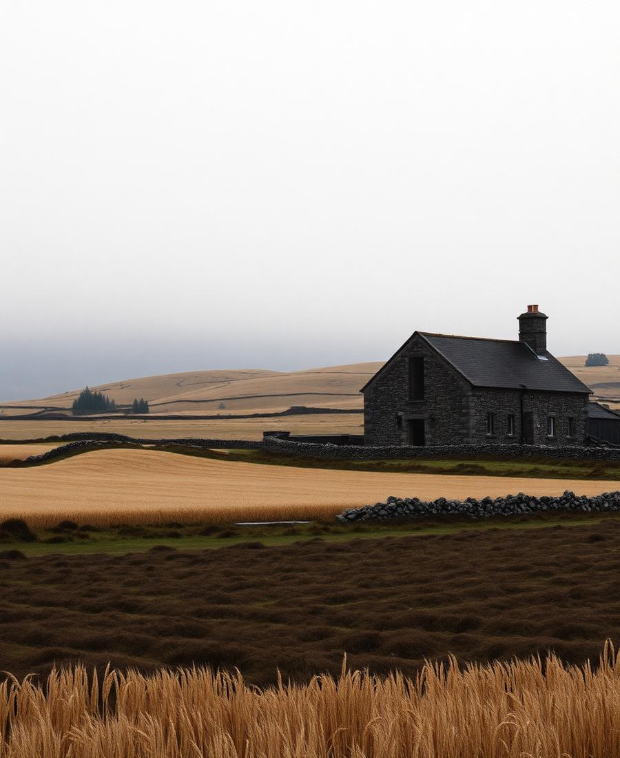 Paisaje de tierras altas con edificio de piedra y campo de cereal