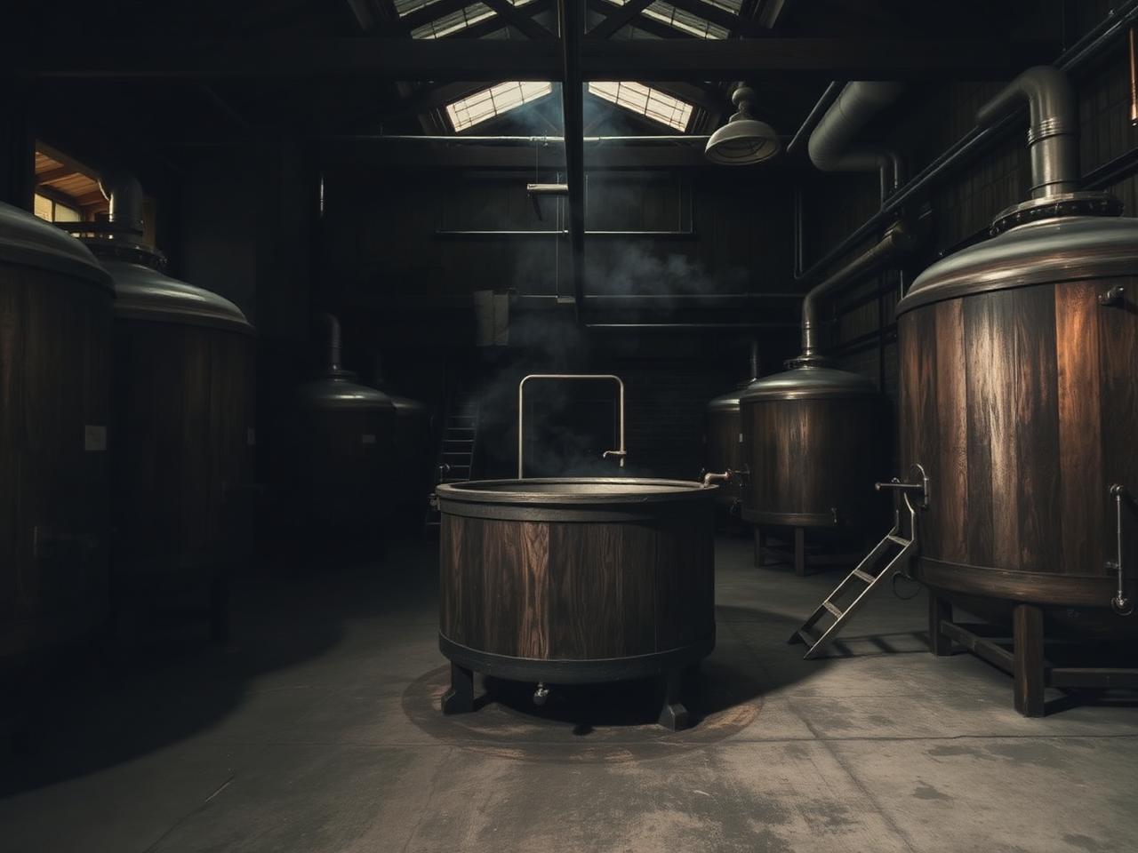 Sala de fermentación con cubas de madera abiertas y vapor bajo luz cenital
