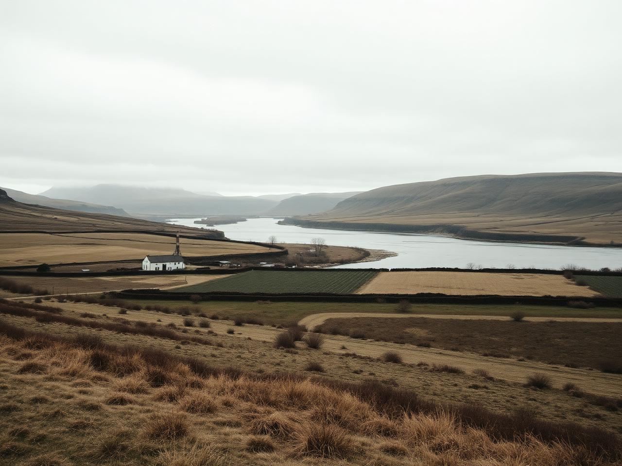 Paisaje rural con río, campos y una pequeña destilería bajo cielo cubierto