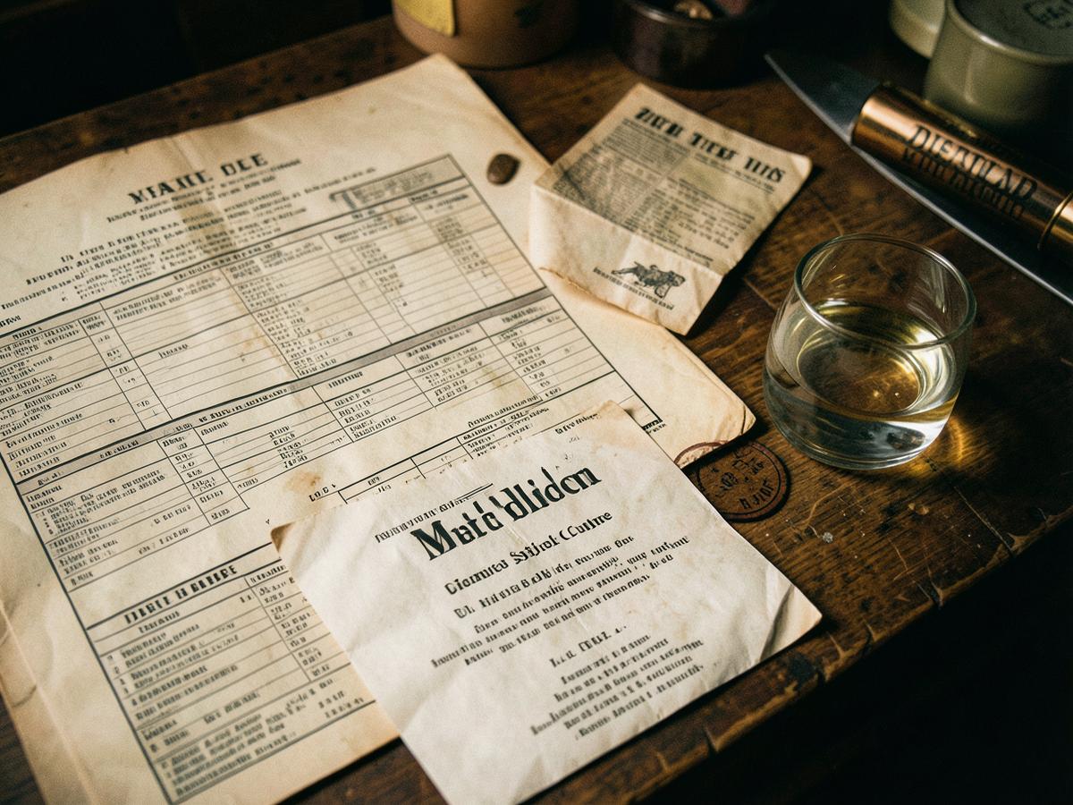 Documentos históricos y registros de producción sobre una mesa de archivo