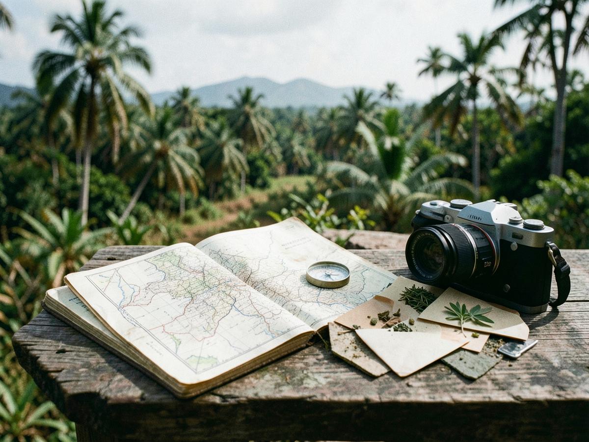 Cuaderno de campo, mapa y cámara ante un paisaje tropical