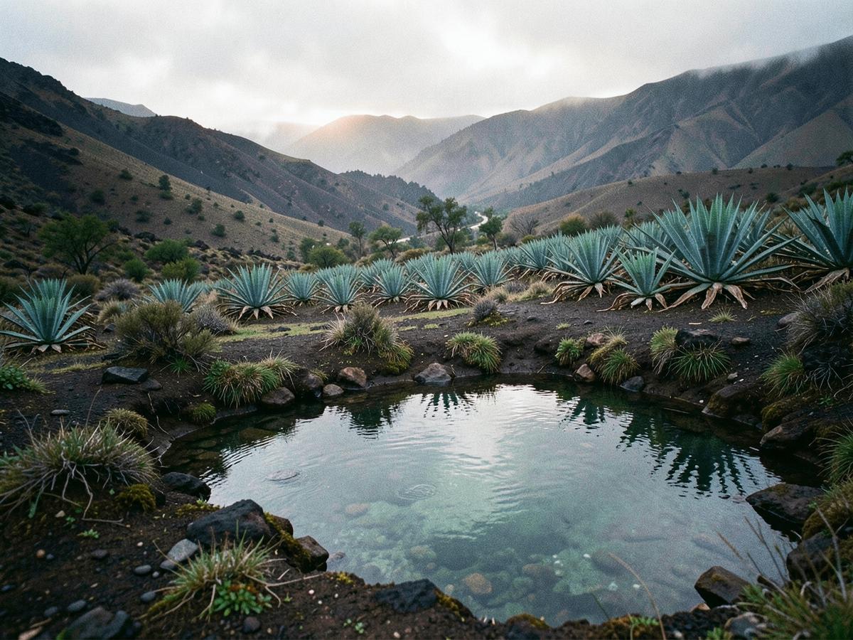 Paisaje volcánico con un manantial y cultivos de agave