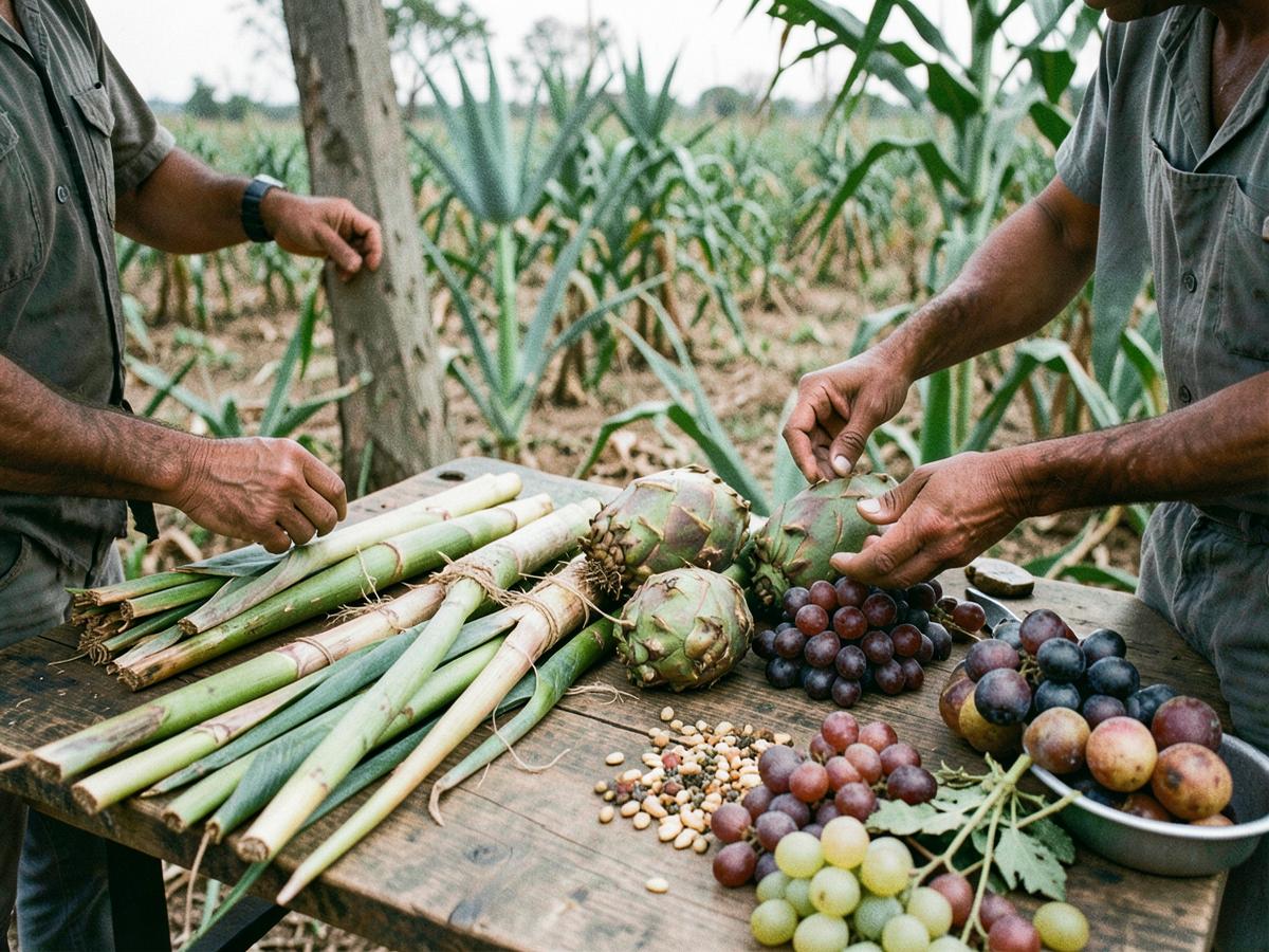 Trabajadores seleccionando caña, agave, uvas y otras materias primas