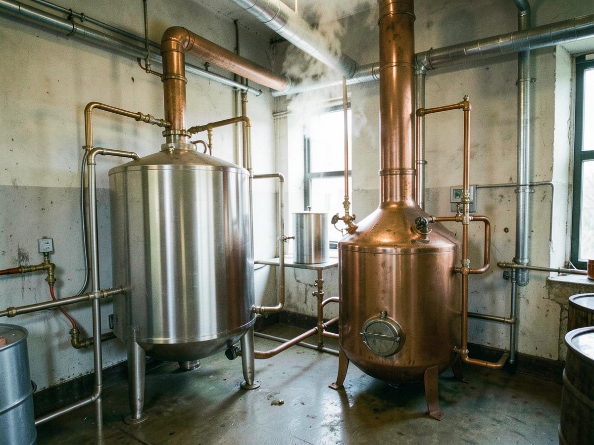 Equipos de fermentación y destilación en una instalación productiva